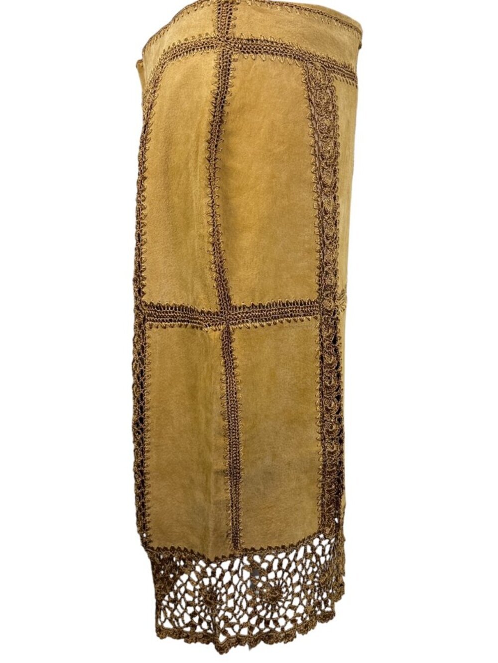 Vintage IDI by Matthew Camel Leather Crochet Trim Midi Pencil Skirt | Size L - Picture 5 of 10